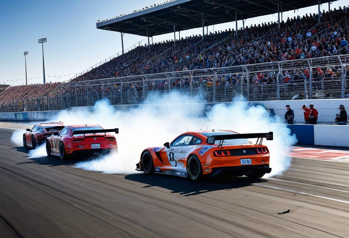 A dynamic scene of high-performance cars racing on the Mid America Motorplex track, with vibrant crowds cheering in the grandstands. Include iconic automotive elements like tire smoke, racing flags, and lively pit stops, all set against a sunny sky. Add overlays of automotive culture symbols, like wrenches and tire tracks. Capture the thrill of speed and passion for cars. super-realistic. vibrant colors. dynamic composition.
