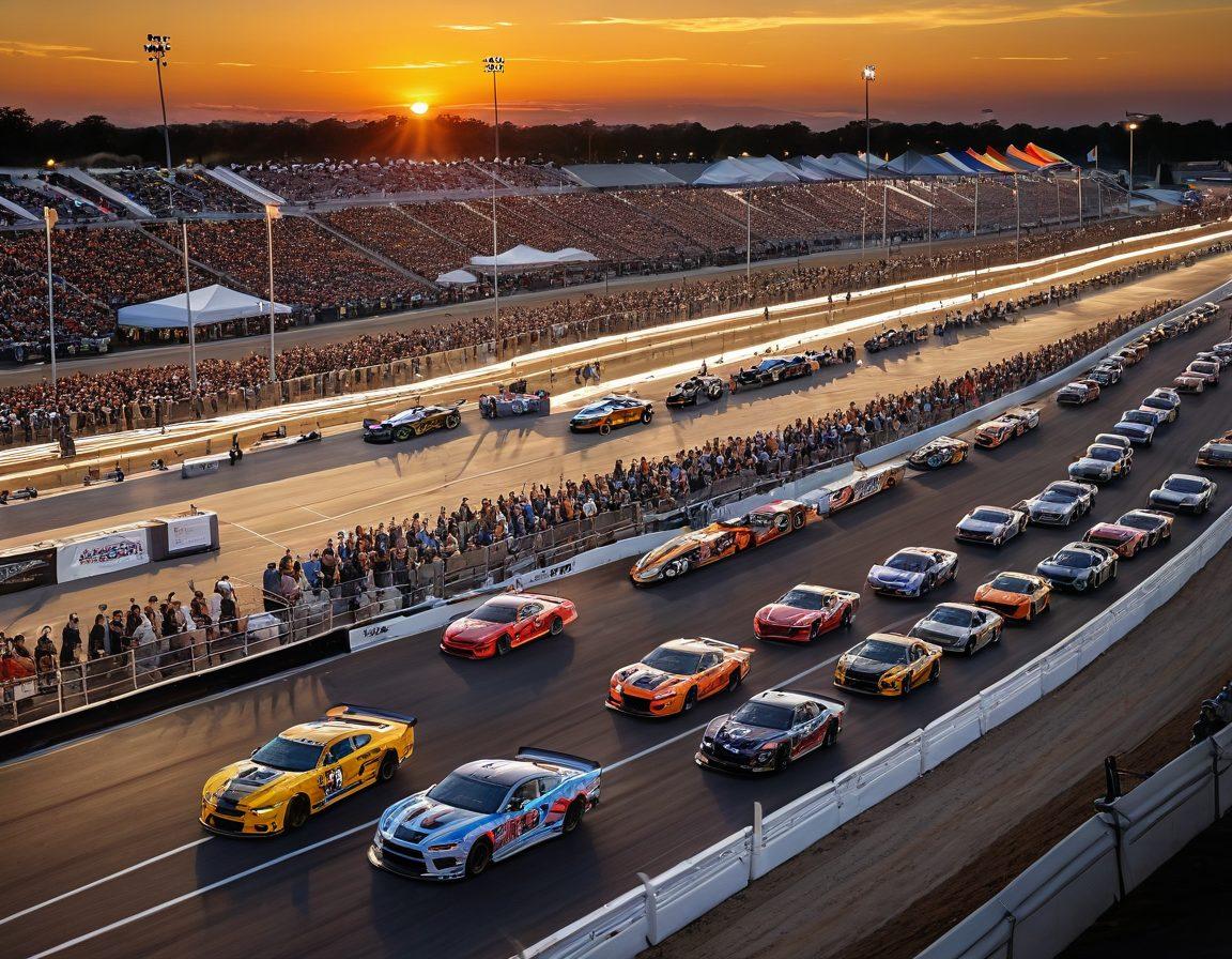 A vibrant scene of a racing event at Mid America Motorplex, showcasing a diverse crowd of racing enthusiasts cheering, colorful race cars speeding around the track, with tents displaying performance tuning gear in the background. The atmosphere is electric with flags waving and a sunset casting a golden hue over the scene. super-realistic. vibrant colors. dynamic composition.