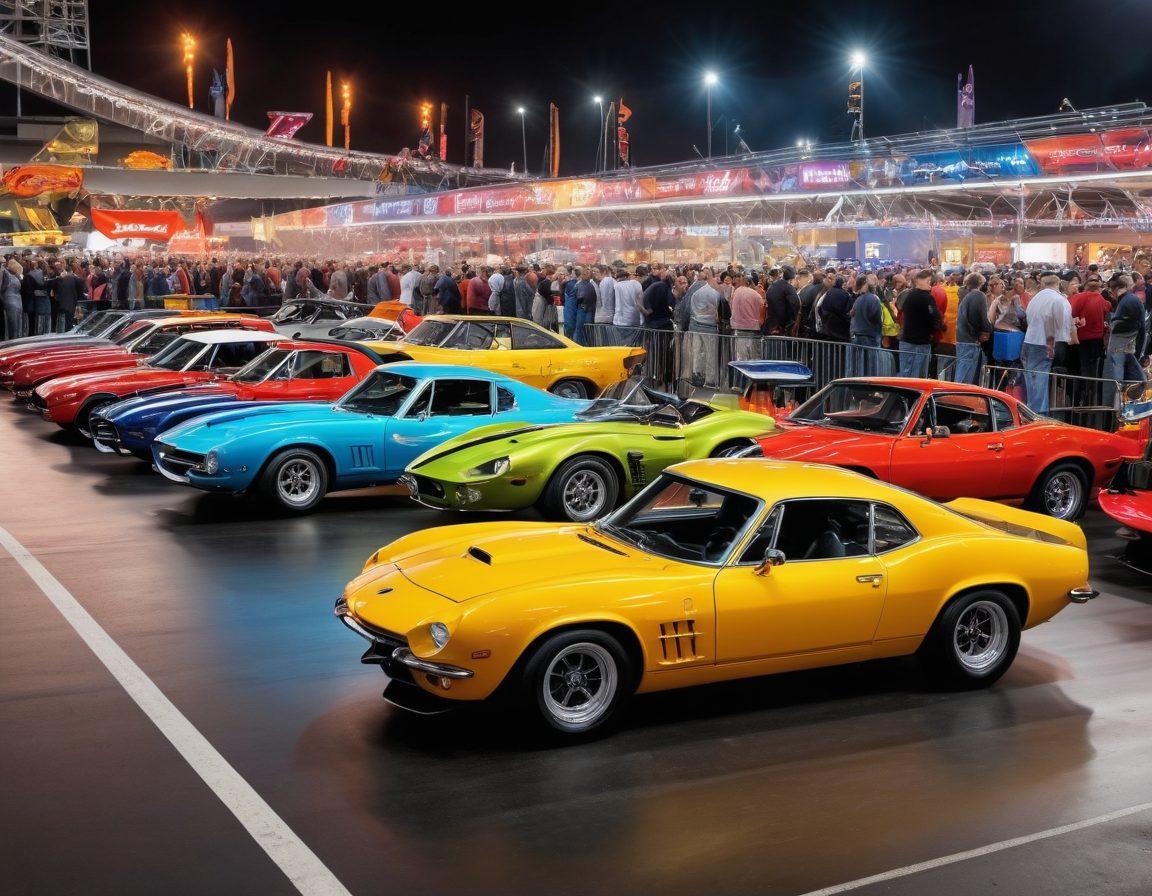A vibrant collage capturing the essence of automotive culture: an exciting car show with gleaming, colorful cars under bright lights, a dynamic racing scene with cars speeding on a track, and passionate fans cheering in the background. Include elements like car enthusiasts interacting, showcasing automotive tools, and a display of trophies. The scene should be energetic and immersive. super-realistic. vibrant colors. dynamic composition.
